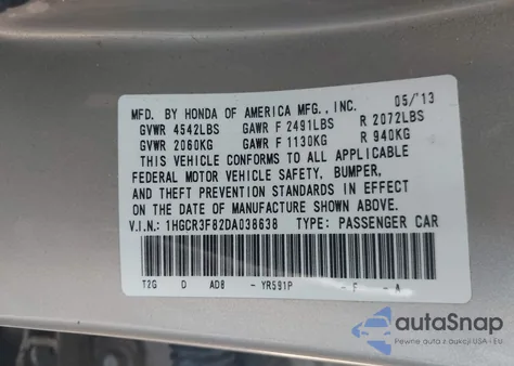 2013 Honda Accord Ex-L V-6 z USA, uszkodzony, nr VIN 1HGCR3F82DA038638